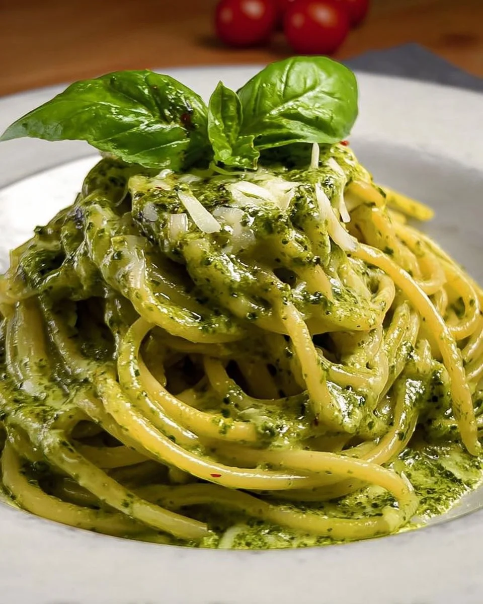 Piatto di spaghetti al pesto fresco con pinoli e basilico