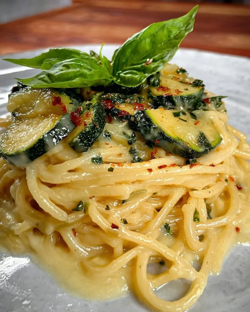 Piatto di spaghetti alla Nerano con zucchine e formaggio.