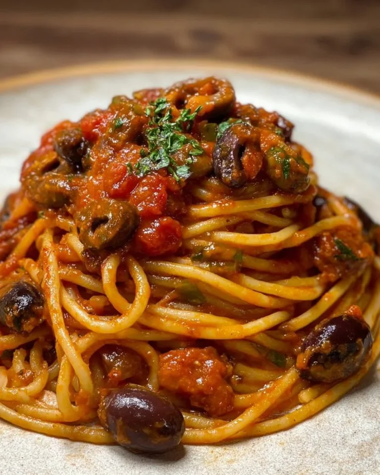 Piatto di spaghetti alla puttanesca servito con pomodori, olive e capperi.
