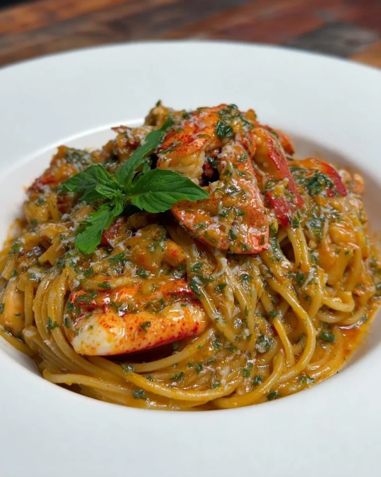 Piatto di spaghetti all'astice con pomodorini freschi e basilico.