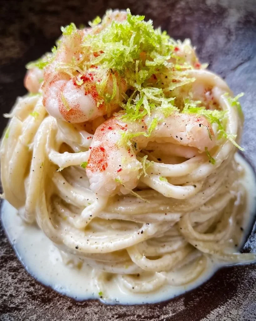 Spaghetti Cacio e Pepe con Gamberi e Lime serviti in un piatto.