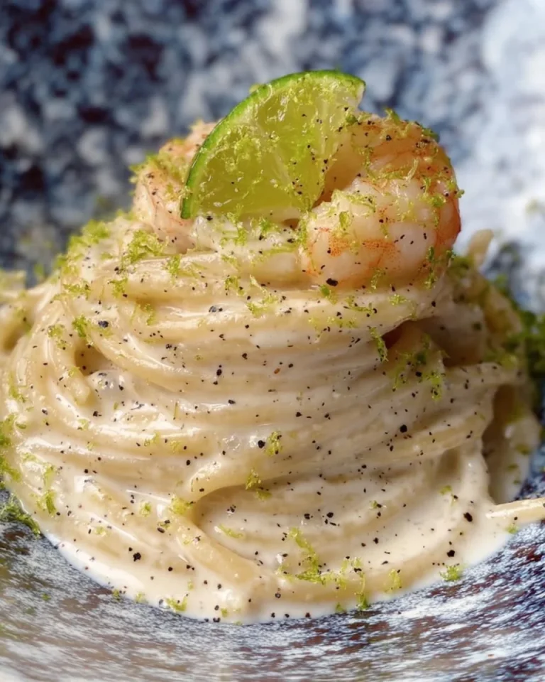 Spaghetti Cacio e Pepe con Scampi e Lime, piatto italiano ricco di sapore