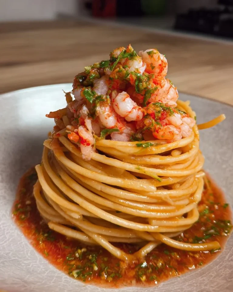 Spaghetti con gamberi rossi e lime su un piatto elegante
