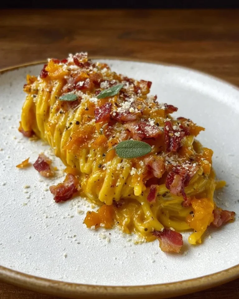 Piatto di spaghetti zucca e guanciale con ingredienti freschi