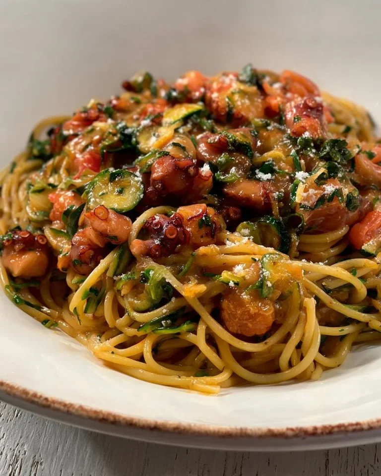 Piatto di Spaghetti Zucchine e Polpo servito con decorazioni fresche.