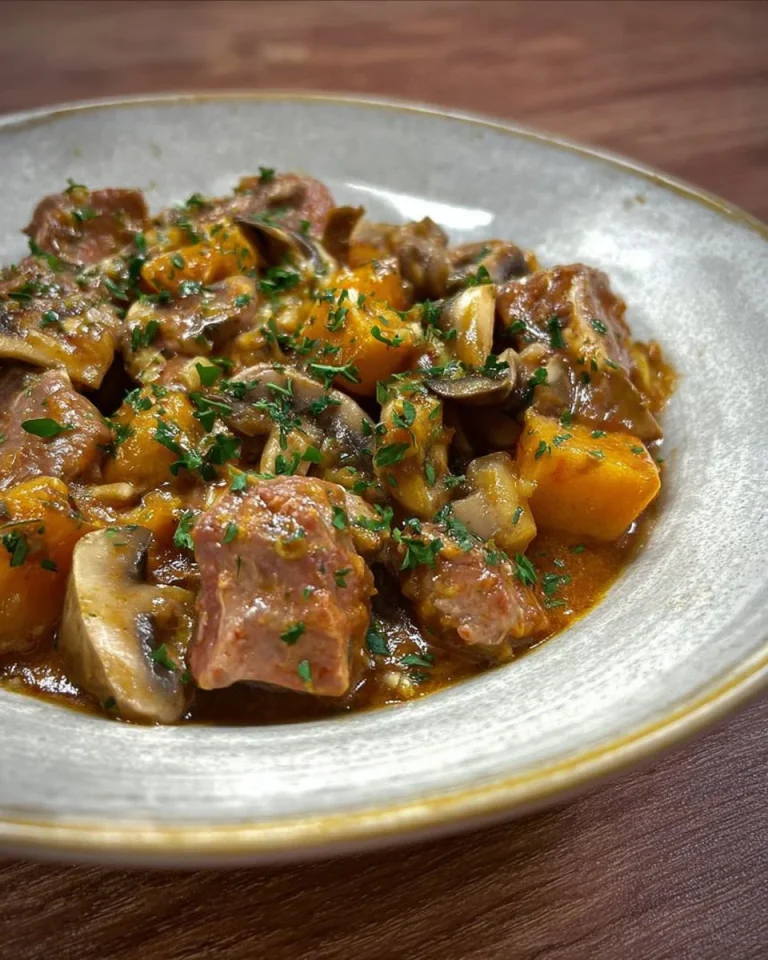 Spezzatino di vitello con zucca, patate e funghi preparato nel piatto