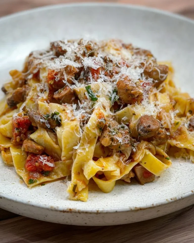 Piatto di Tagliatelle alla boscaiola con funghi e salsiccia