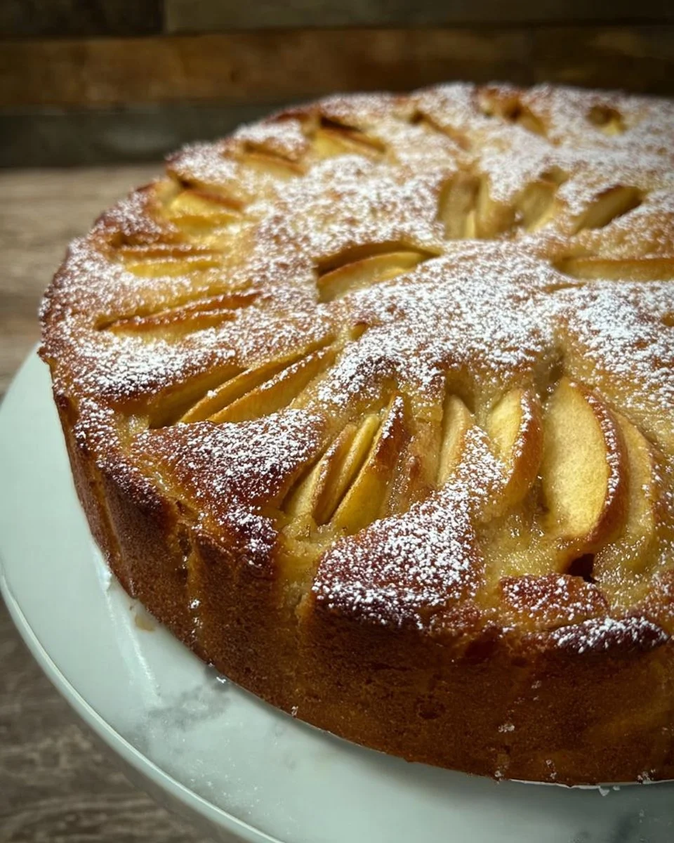 Fetta di torta di mele appena sfornata con mele fresche e caramello