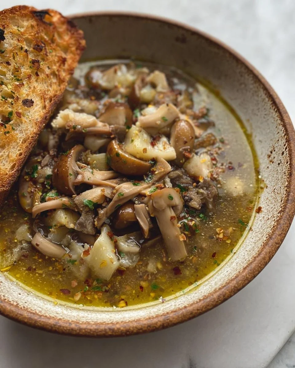 Zuppa di funghi calda e cremosa servita in una ciotola.