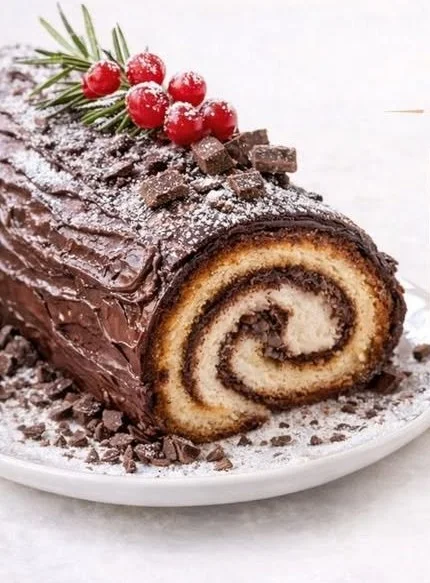 Squisita Bûche di Natale decorata per il Natale.