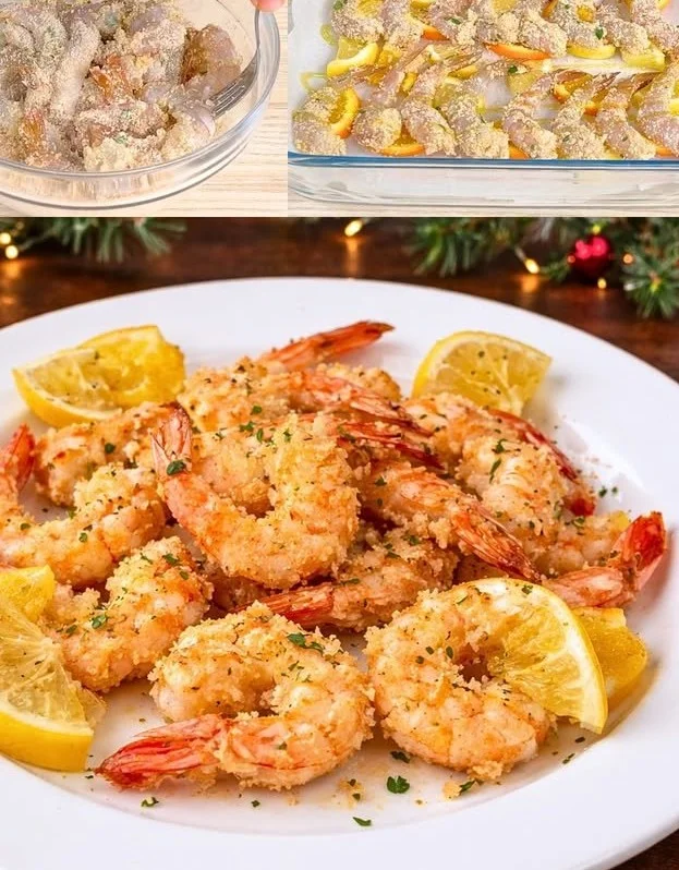 Piatto di gamberi gratinati appena sfornati con erbe aromatiche