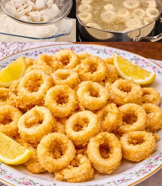 Calamari fritti dorati e croccanti, serviti in un piatto appetitoso.