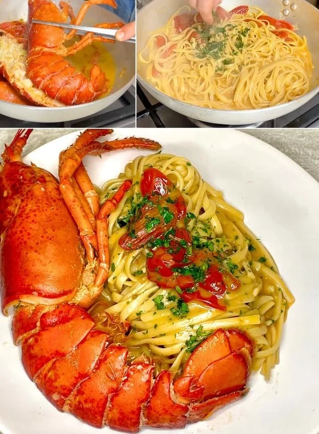 Piatto di Linguine all'astice con salsa di pomodoro fresco e prezzemolo