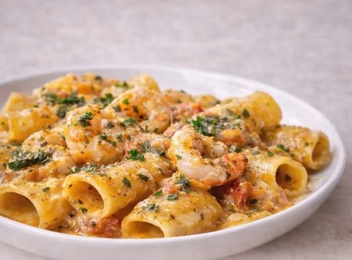 Paccheri e Gamberi serviti con crema di scampi in un piatto gourmet