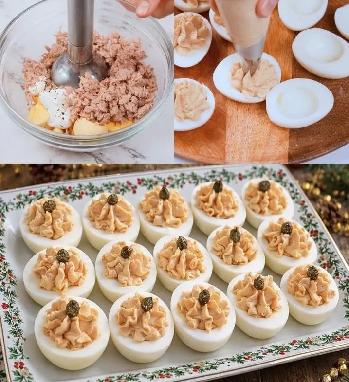 Uova ripiene decorate su un piatto bianco