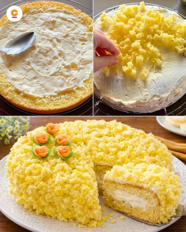 Torta Mimosa all'Ananas decorata con fette di ananas e crema